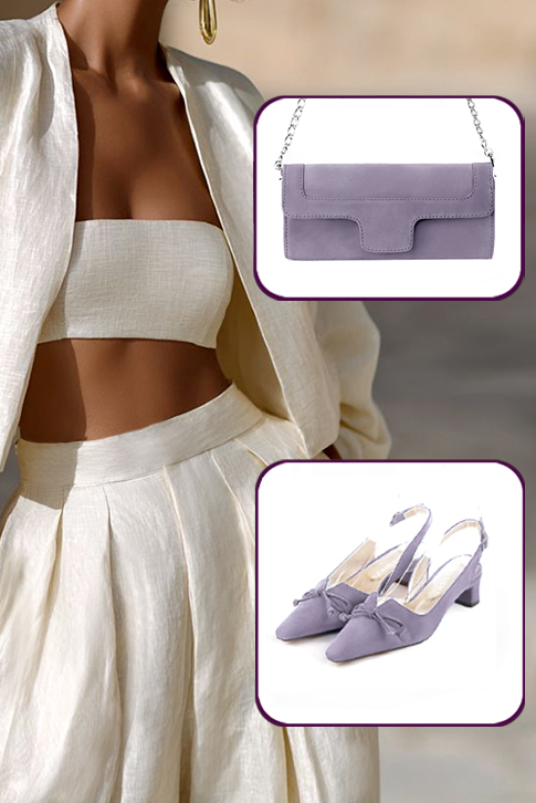 Dress slingback bow heels in lilac purple leather with kitten heels and tapered toe - Top view